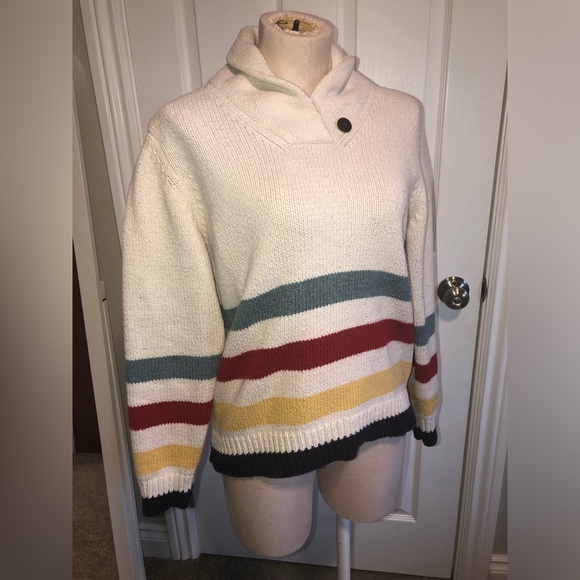 Unique L.L. Bean Cream Striped Shawl Neck Sweater HBC Hudsons Bay style - Picture 2 of 5